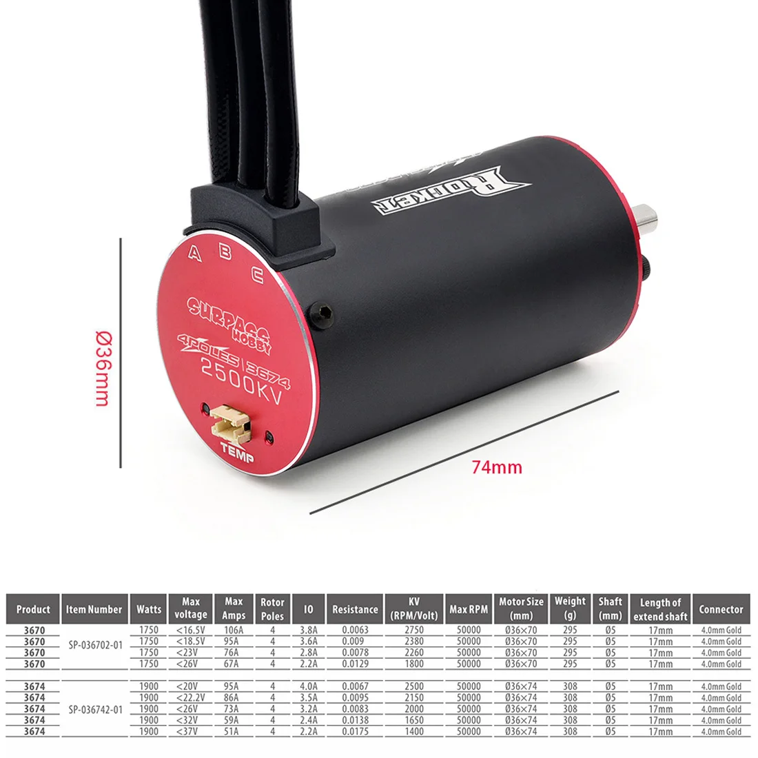 

Surpass Hobby Rocket supersonic Built -in Temperature Sensor Brushless Motor 3670 3674 for 1/8 1/10 RC Car Off-Road Boat