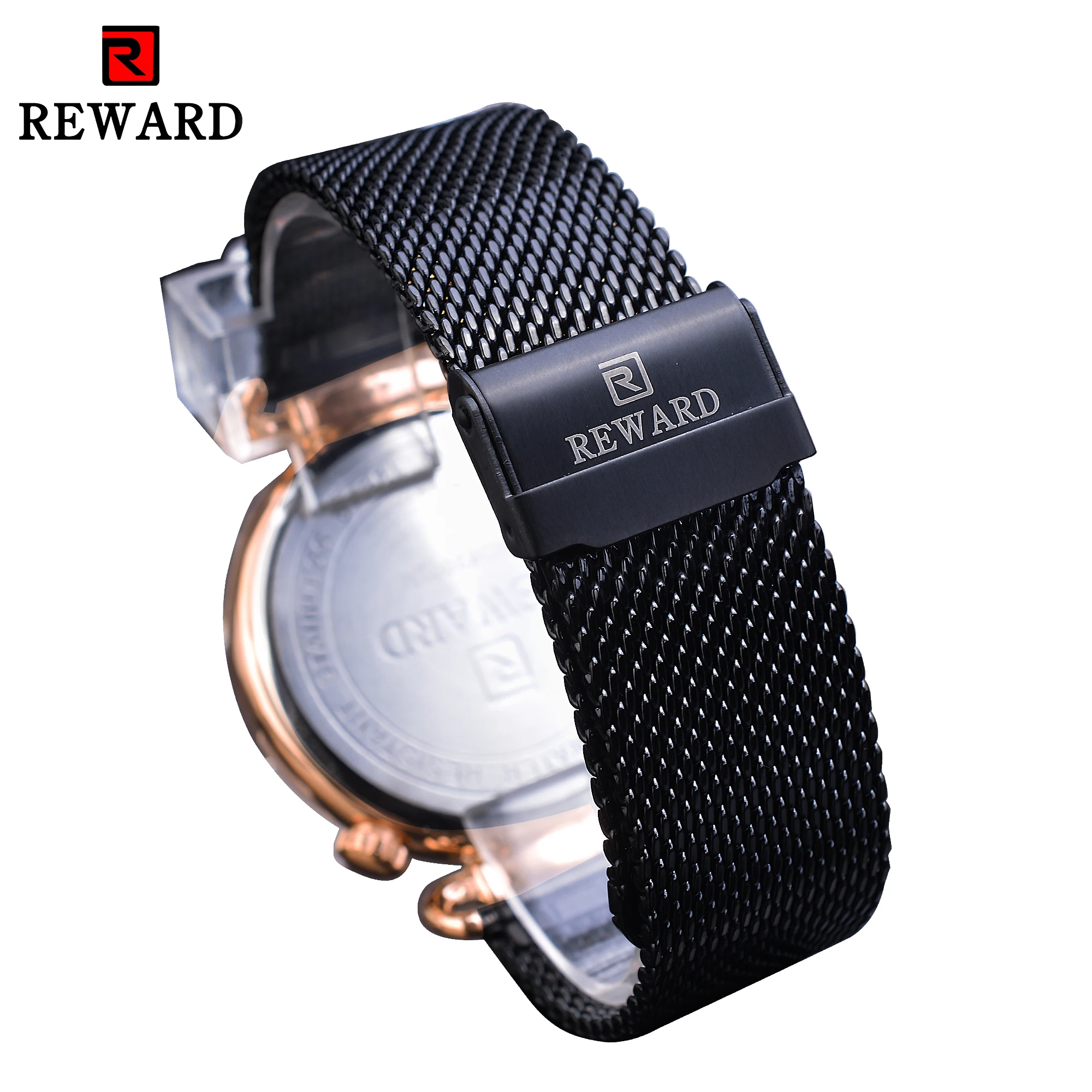 Imagem -06 - Relógio de Pulso Preto de Pulseira de Malha para Homens de Negócios Movimento Duplo Real Clássico Rosa Dourado Relógio de Pulso de Marca de Luxo Aço Inoxidável