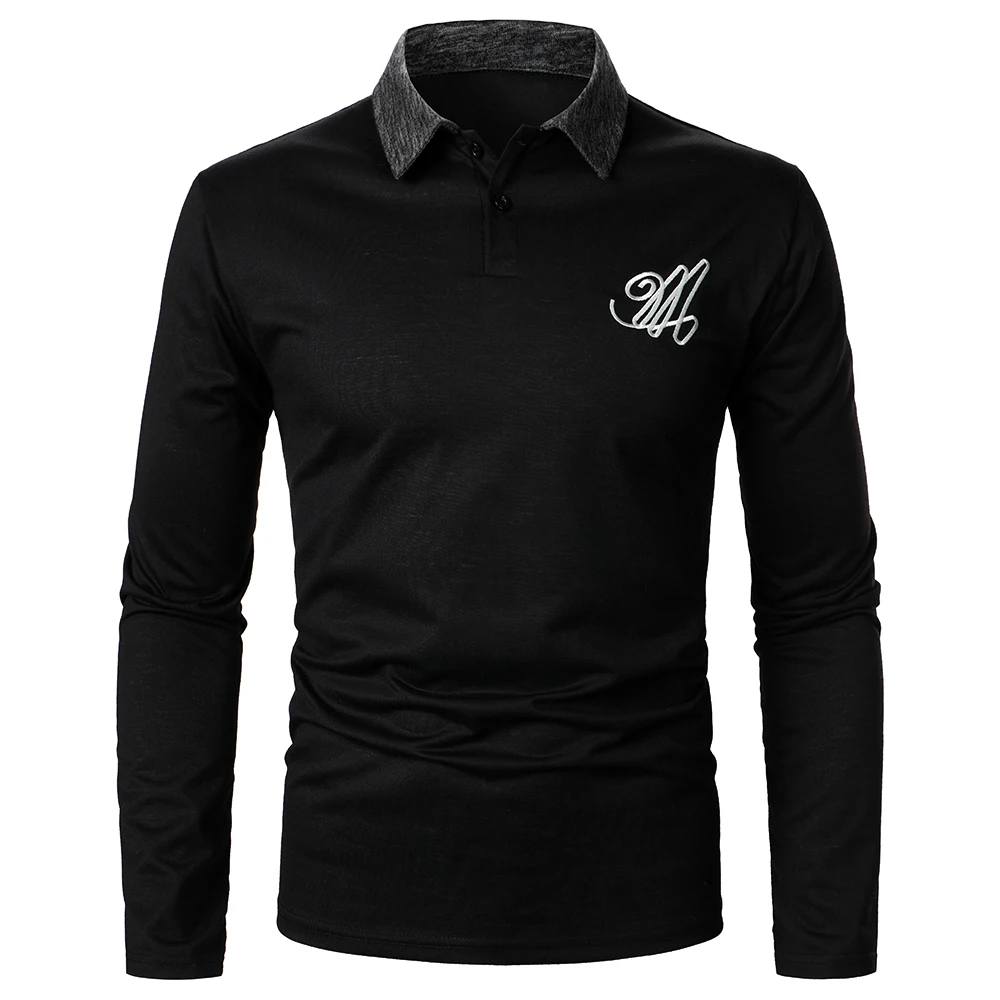 Men Solid Top Abstract Embroidery Top Streetwear Casual Mature Fashion Men Contrast Color Collar Top Long Sleeve Polo Shirt