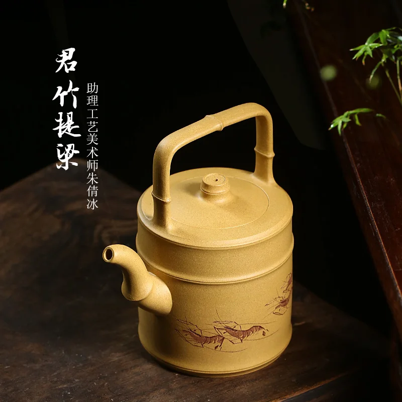 

★purple clay teapot yixingguo assistant's pure hand-painted golden section mud Zhongpin bamboo section teapot beam