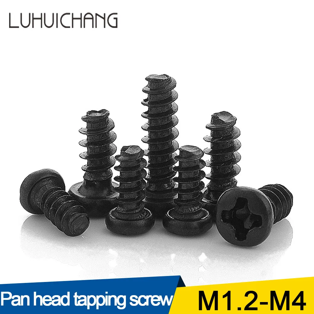 100pcs Cross Recessed Pan Head Self-tapping Screw M1.2 M1.4 M1.7 M2 M2.3 M2.6 M3 M4 Black Carbon Steel Phillips Screw