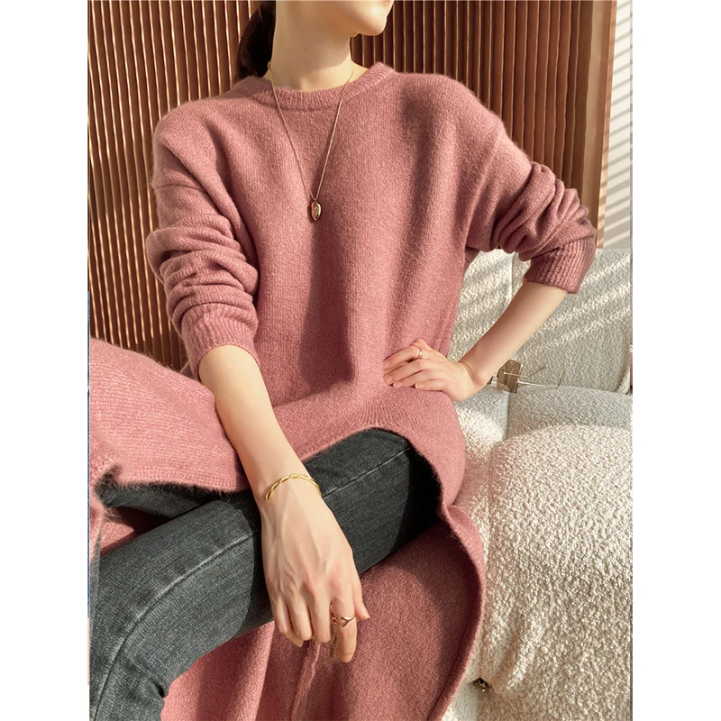 [ZAYAU]Autumn and Winter New Sweater Coat women\'s Simple Lazy Medium Length Knitted Split Pullover Dress