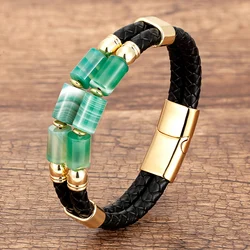 Luxury Double Row Stone Bracelets & Bangles Women Natural Beaded Bracelet Stainless Steel Clasp Multilayer Leather Men's Jewelry