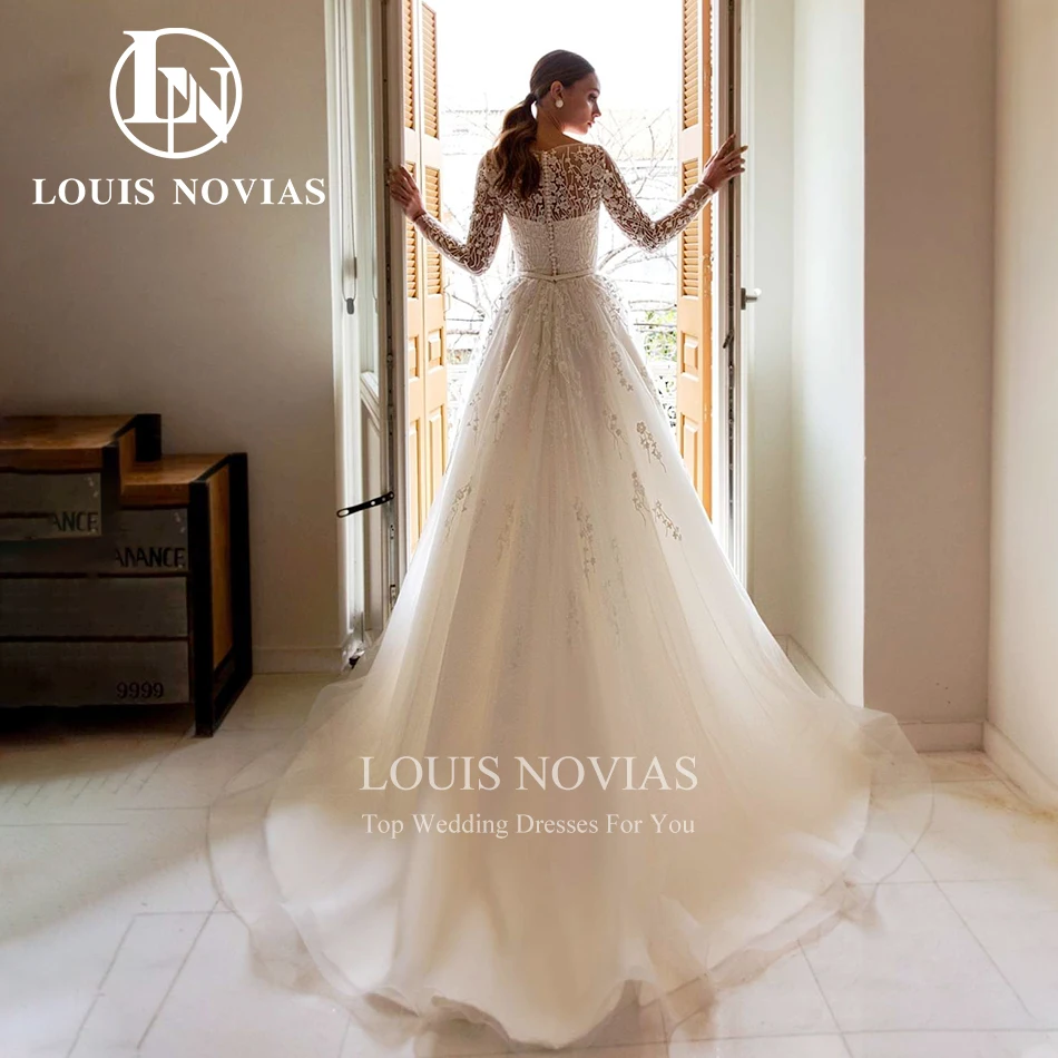 Louis Novias ชุดแต่งงานทรงเอไลน์สำหรับผู้หญิงชุดเดรสปักลูกไม้ติดลูกปัดแขนยาวสำหรับ2024ชุดเดรสชุดเจ้าสาว