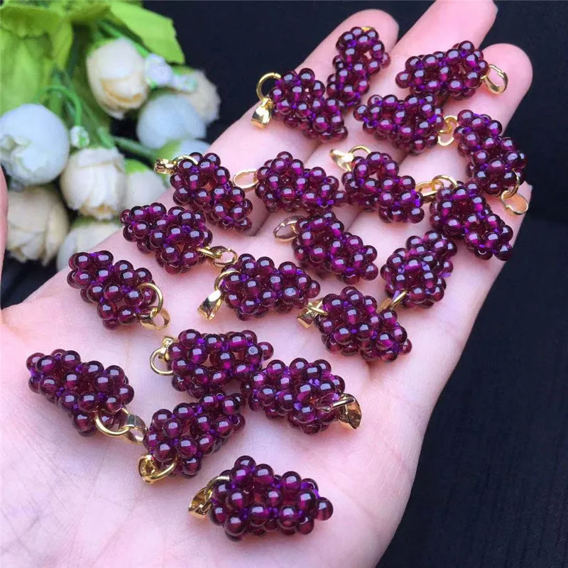 Natural Stone Pendant Garnet Small Grape Pendant purple Hand-woven 14K Gold Button Accessories Jewelry