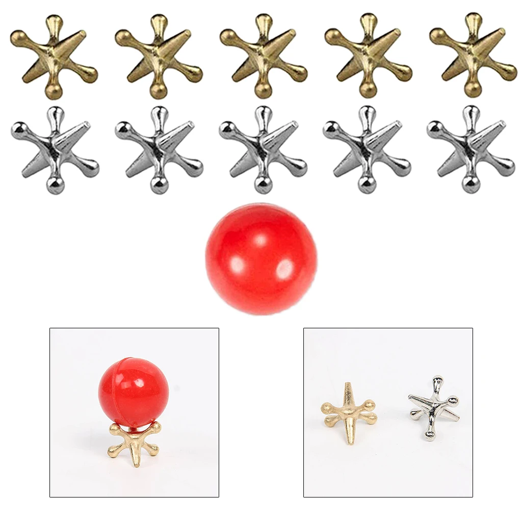 Jack Games- 10 Pcs Gold and Silver Metal Jacks 1 Red Rubber Bouncy Balls Classic Game of Jacks for Party Favor Kids and Adult