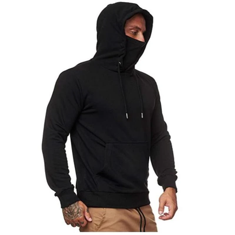 Autumn and winter men's hooded mask sweater solid color foreign trade plus cashmere hooded sweatshirt jacket