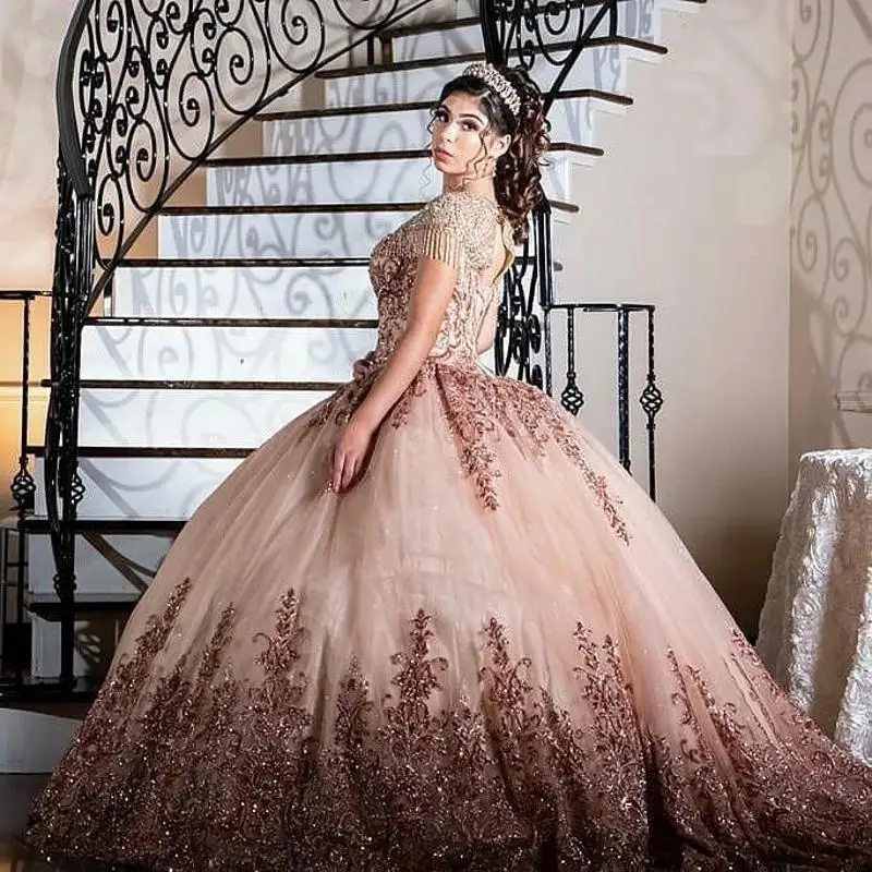 Rosa de ouro vestidos 15 años 2021 quinceanera vestidos colher pescoço borla frisado applique buraco da fechadura volta bola doce 16 vestidos baile baile