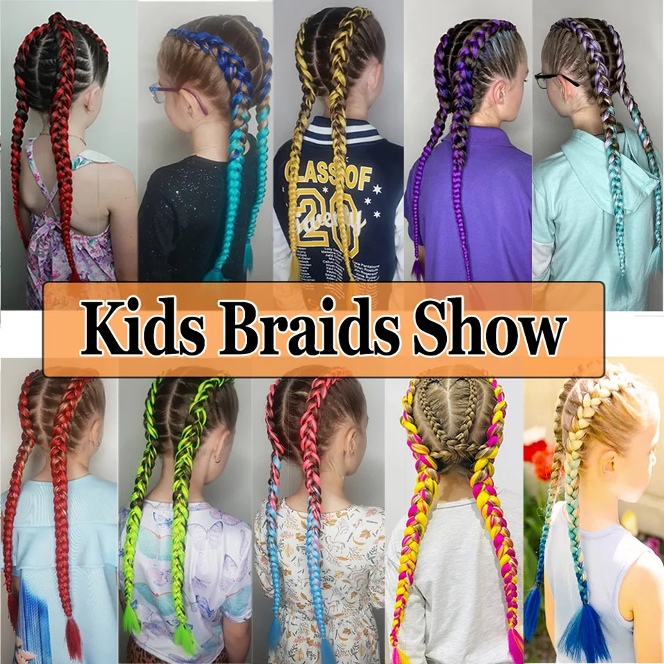 Extensiones para trenzas, sintéticas, 24 pulgadas, jumbo, afro, rosa, verde, azul, púrpura, ombre, para niños 6