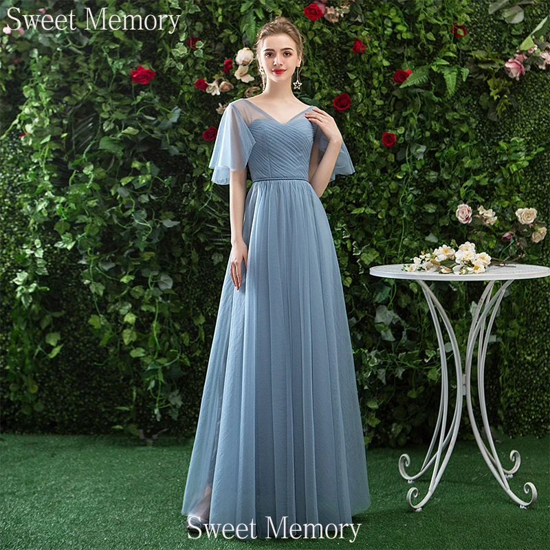 Custom Made Elegant Dusty Blue Bridesmaid Dresses Women Vestidos A-Line Tulle Party Gowns For Wedding Guest Dress Long