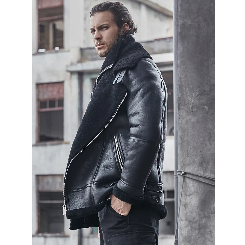 2019 New Men's B3 Sheepskin Shearling Coat Motorcycle Men's Leather Jacket Fur Coat Thick Winter Coats