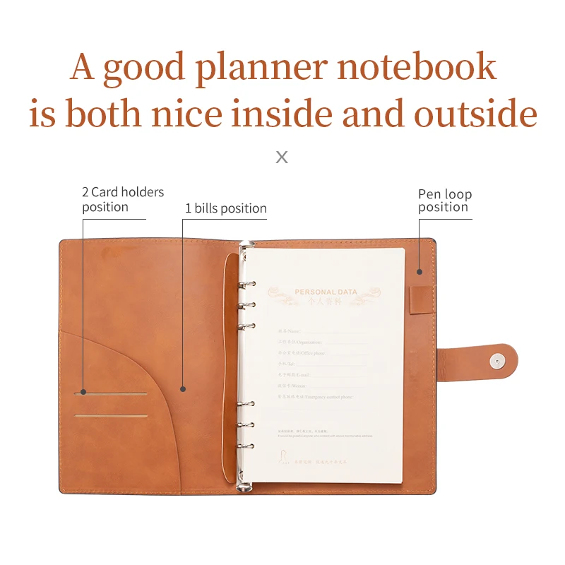 Refillable Writing Book, A5 Binder 6 Rings Loose Leaf Travel Journal with Magnetic Clasp,Lined Agenda Planner Notebooks