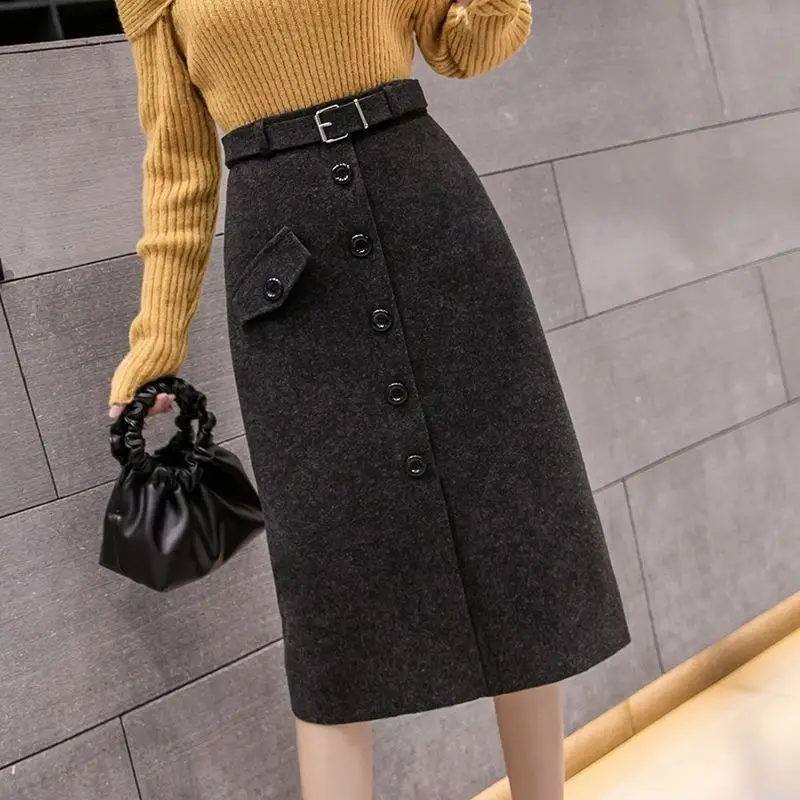 

Woolen Skirt Women's Autumn and Winter Single Belt Long Slit A- line Skirt Woman Skirts Mujer Faldas Saias Mulher