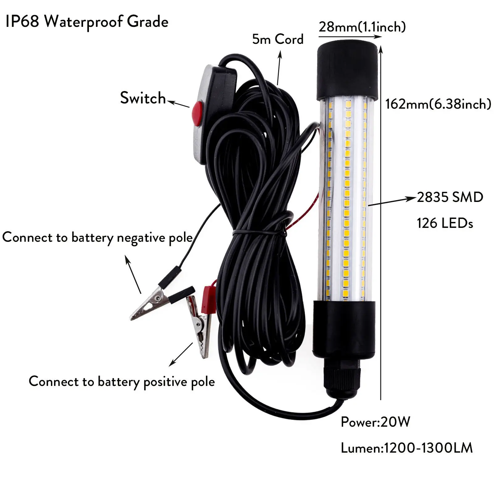 20W DC/AC 12V 126 LED 5M Wire Green Waterproof LED Fish Attracting Bait Submersible Underwater Fishing Light