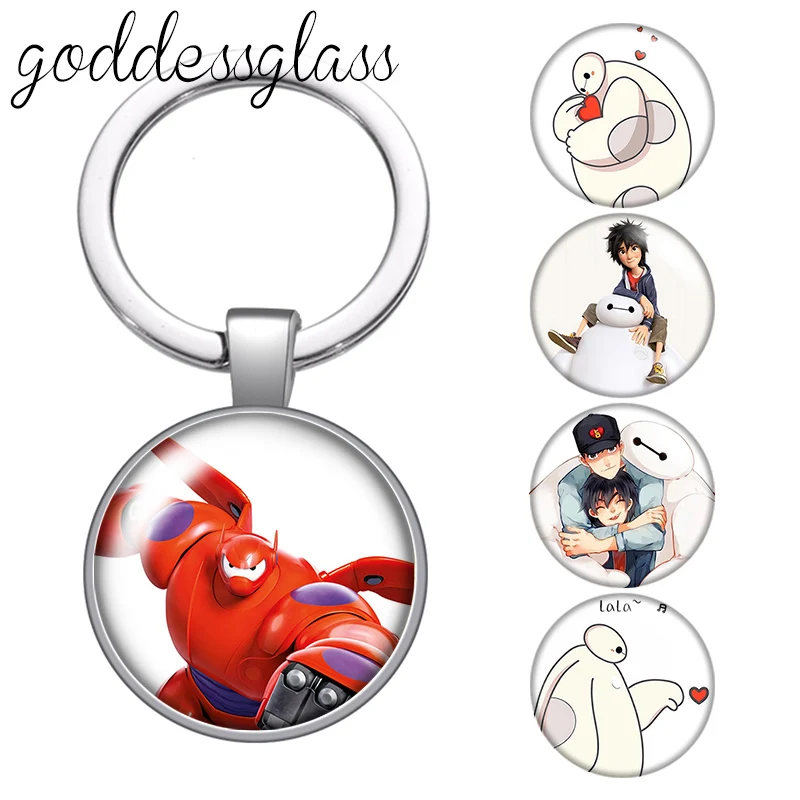 Disney Big Hero 6 Baymax cartoon glass cabochon keychain Bag Car key chain Ring Holder Charms keychains gift