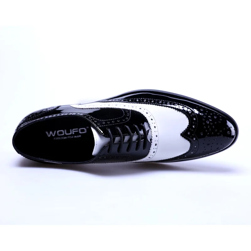 Luxury Black White Wingtip Quality Patent Leather Dress Shoes Italian Fashion Brogues Wedding Classic Oxfords Shoes for Male