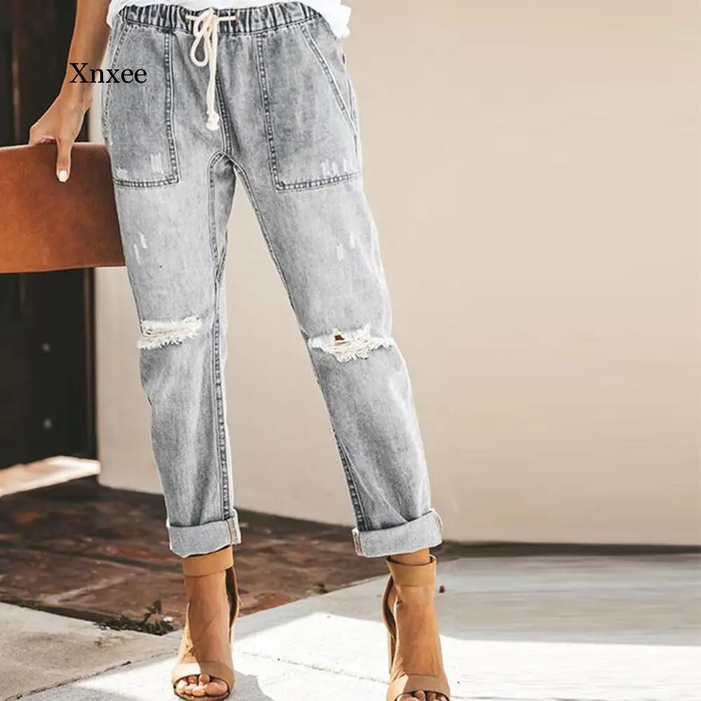 Vintage Ladies Boyfriend Jeans For Women Solid Blue High Waist Jeans Streetwear Korean Style Denim Pencil Pants mom loose