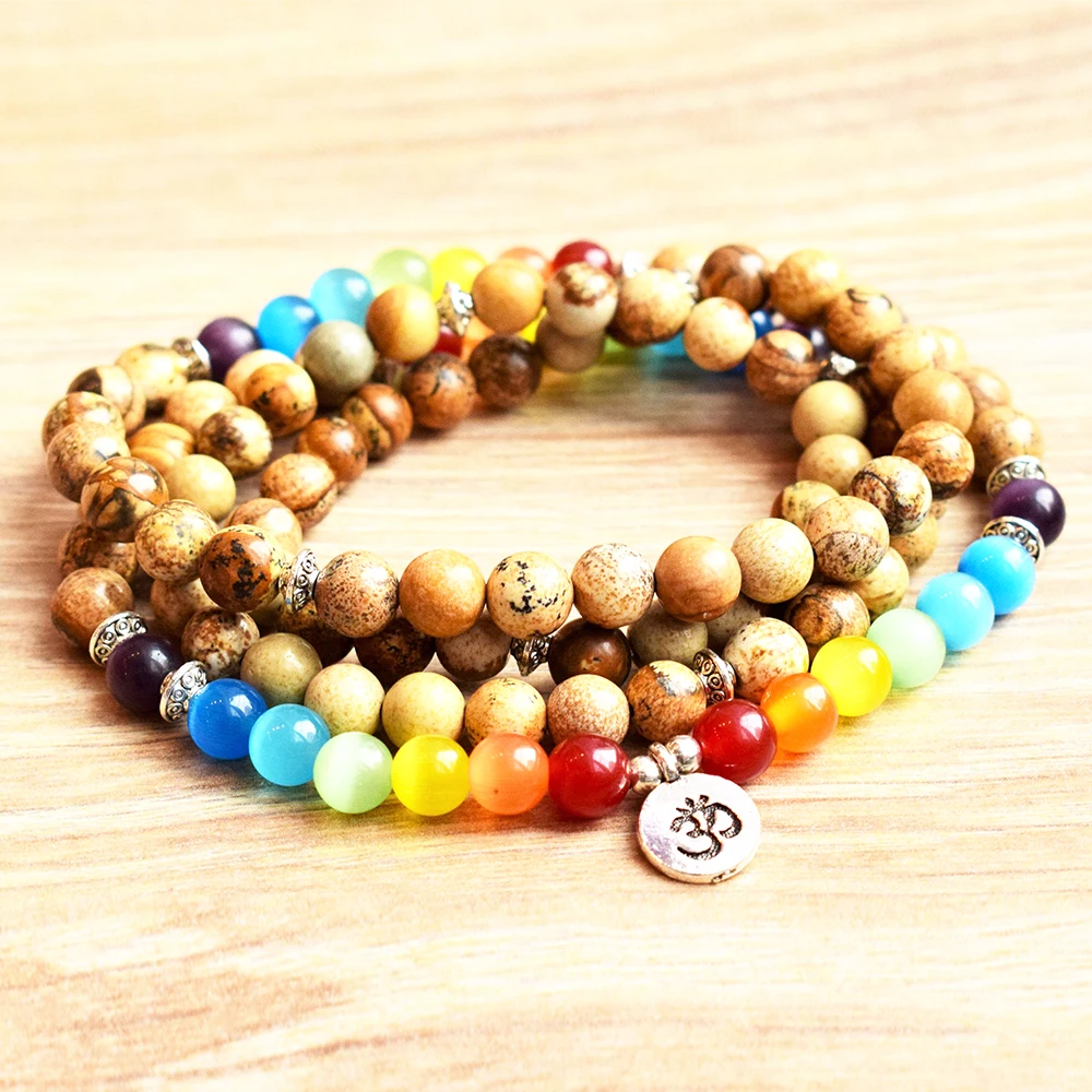 Wholesale Cat Eye Stone Women`s 108 Mala Yoga Bracelet 8 mm Picture Jasper Mala Beads Lotus Charm 7 Chakra Spiritual Bracelet