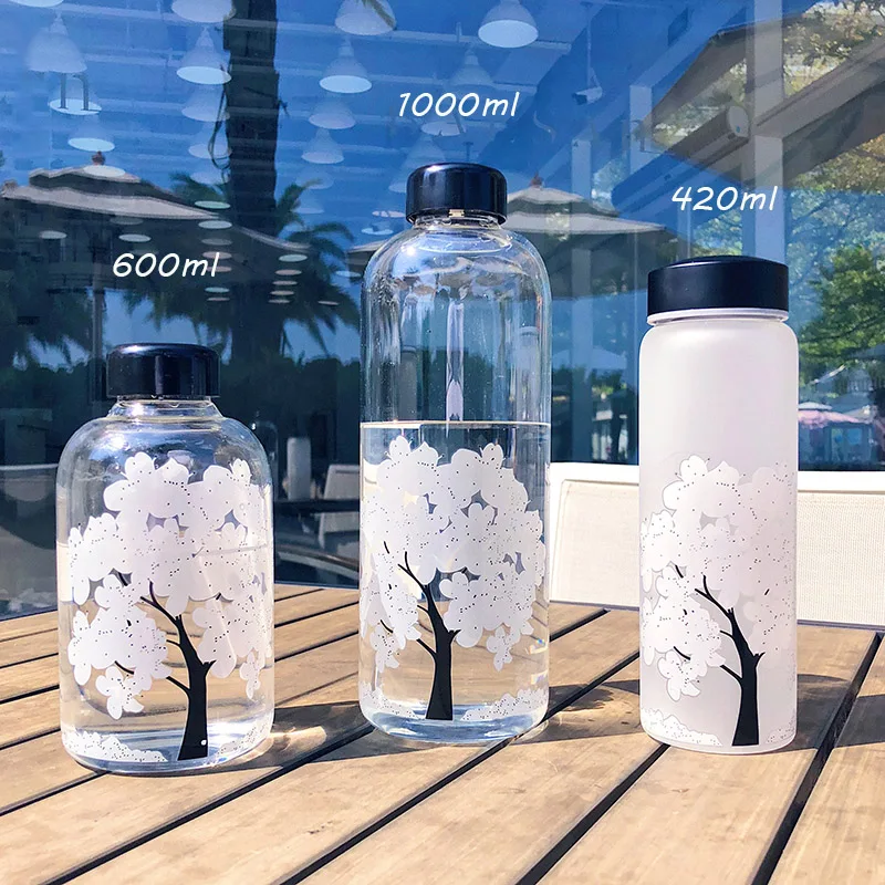 420/600/1000ML New Cherry Gradient Color Glass Water Bottle Cute Fashion Sport Drink Bottles Gift Cups for Kids Girl Student