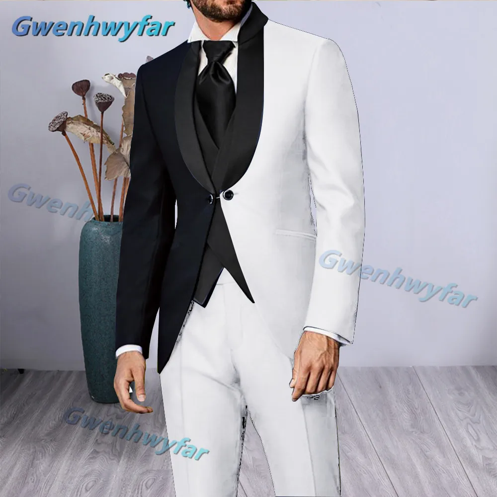 Gwenhwyfar Luxury Mixed Red Black Dinner Party Men Suits Black Stand Lapel Two Ways Buttoned Blazer Sets Wedding Groom Tuxedos