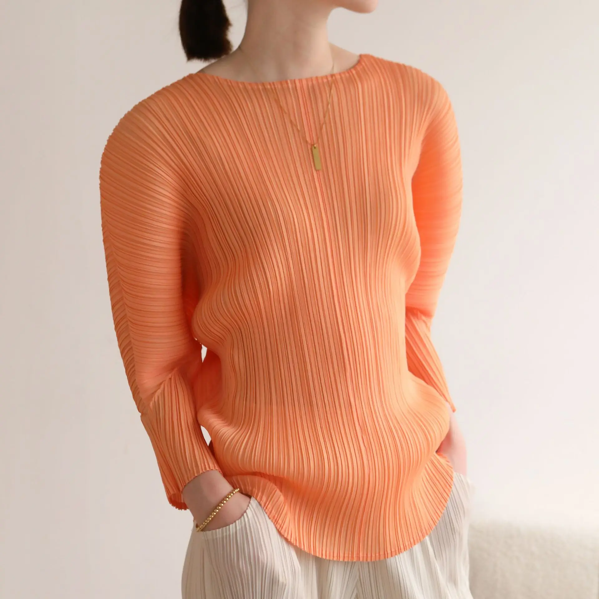 Miyake Pleated Tops Casual Long Sleeve T-shirt Round Neck Elegant Women Shirt Pleats