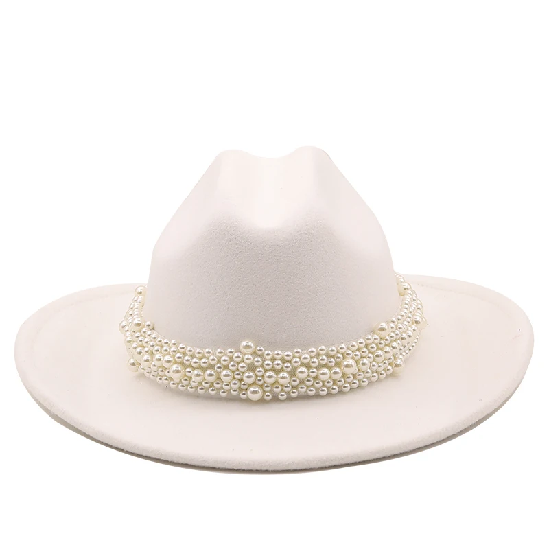 Wide Brim Simple Church Derby Top Hat Panama Solid Felt Fedoras Hat with Pearl for Women artificial wool Blend Jazz Cap