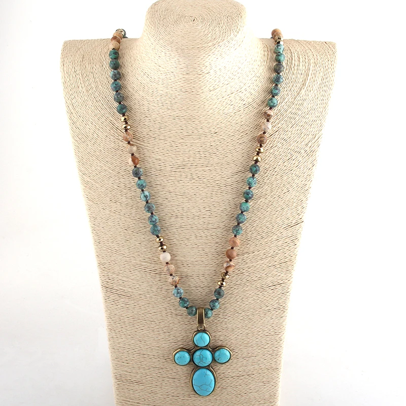 Fashion Bohemian Tribal Jewelry Stone Long Knotted Aqua Cross Necklaces For Women