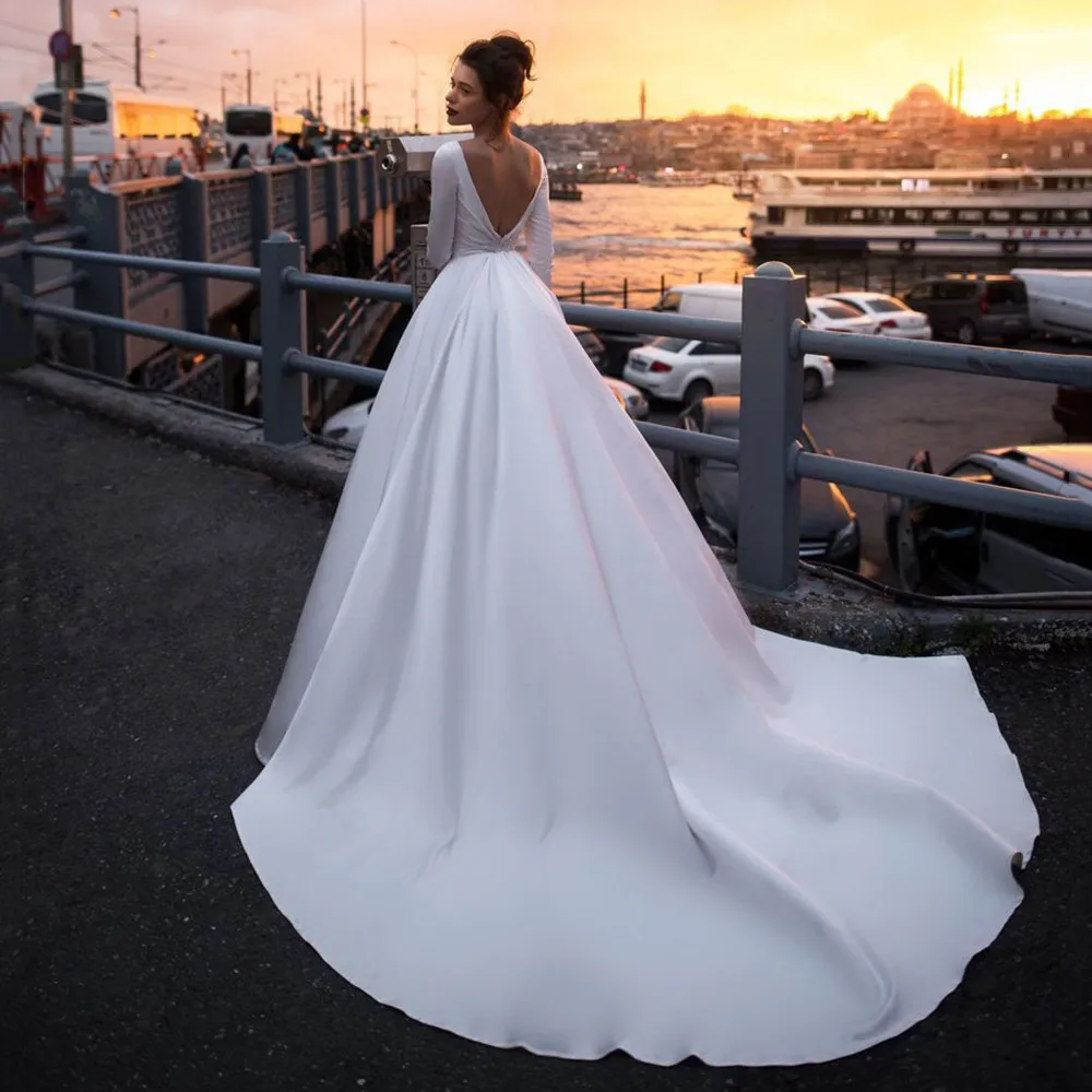 Vestido de novia bohemio de satén, vestido de novia de manga larga con cuello redondo y espalda descubierta, hecho a medida, talla grande, 2022