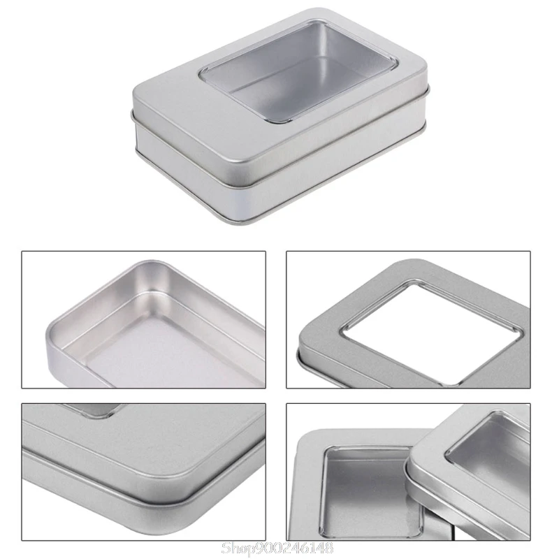 Caja almacenamiento Rectangular plata estaño, organizador con tapa ventana media transparente, S08 20, envío directo