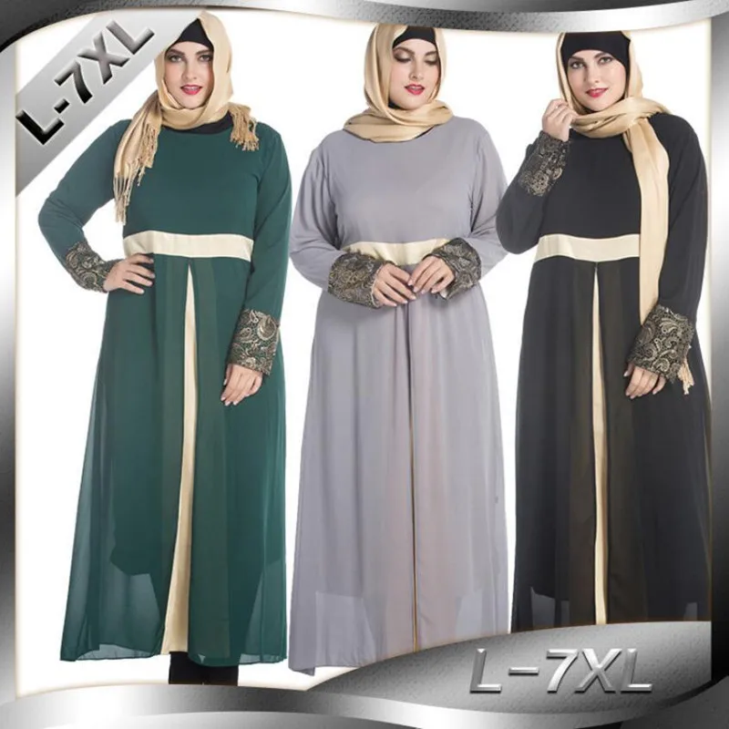 

Plus Size L-7XL New Design Plain Chiffon Lace Spring Summer Dress Fashion Muslim Maxi Size Abayas Casual Dresses a493