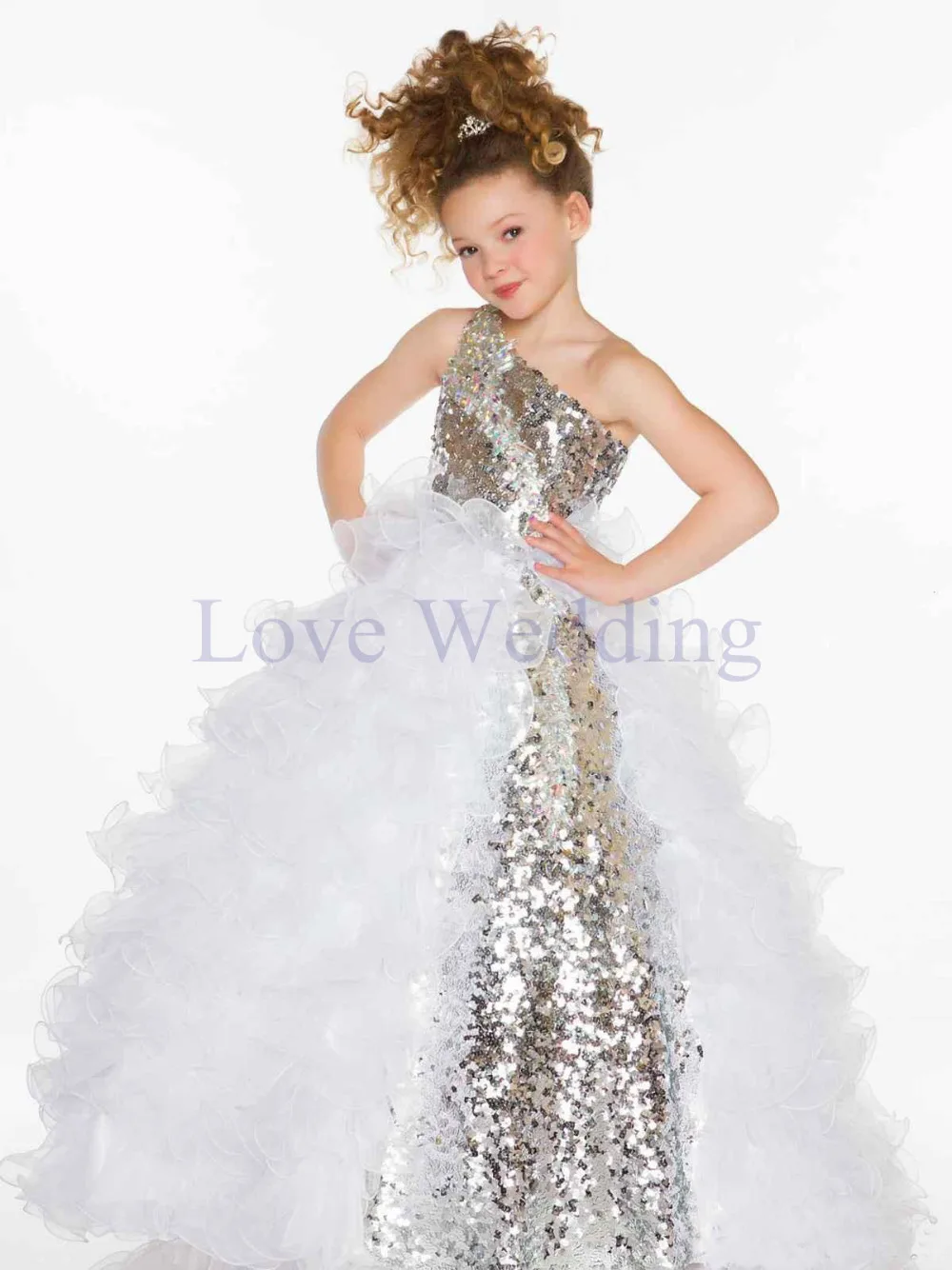 Pailletten Muster Blume Mädchen Kleid Für Hochzeit ballkleid organaza Erste Heilige kommunion Pageant Party Kleid eine Schulter 2021