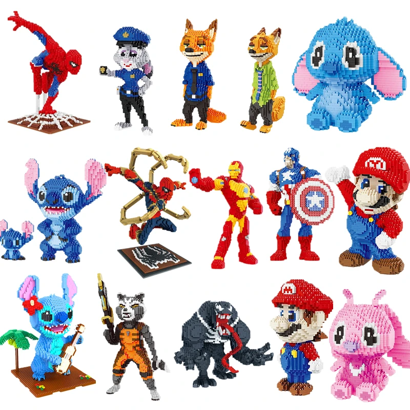 Disney-Anime bouwstenen, Lilo & Stitch, Spider-Man, Iron Man, Venom, geassembleerde pop, puzzel, spelcadeau