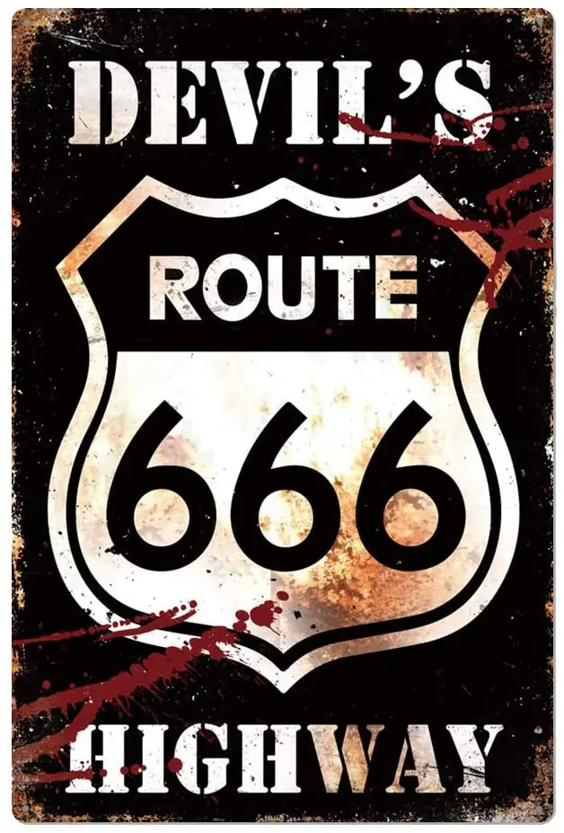 Original Retro Design Route 666 Tin Metal Signs Wall Art | Devil s High Way | Thick Tinplate Print Poster for Garage