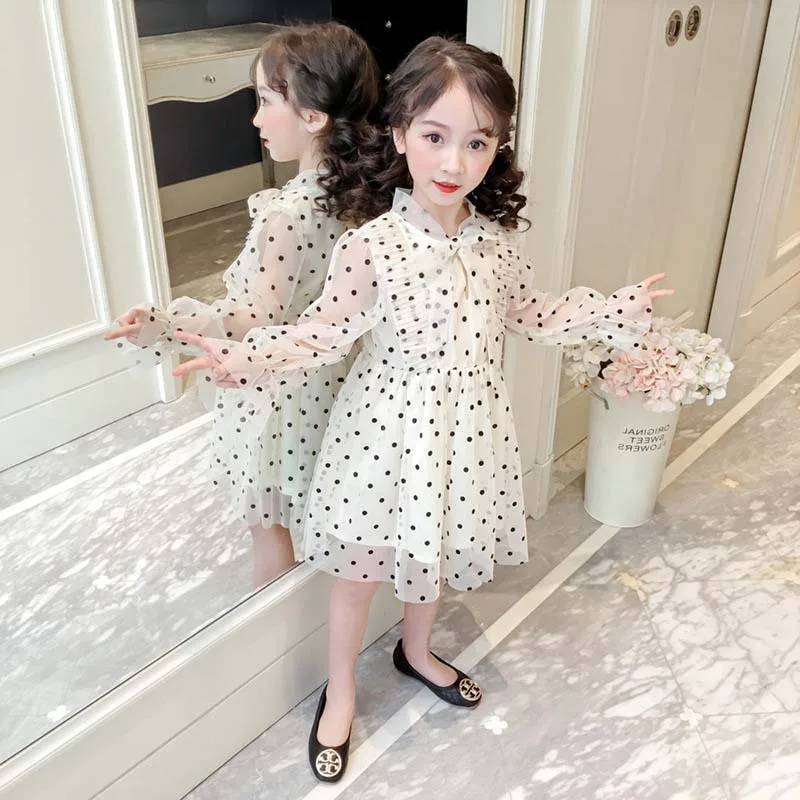 

Spring and Autumn Summer New Net Yarn Girls Dress Net Sand Princess Dress Children Long-sleeved Polka Dot Tutu Skirt