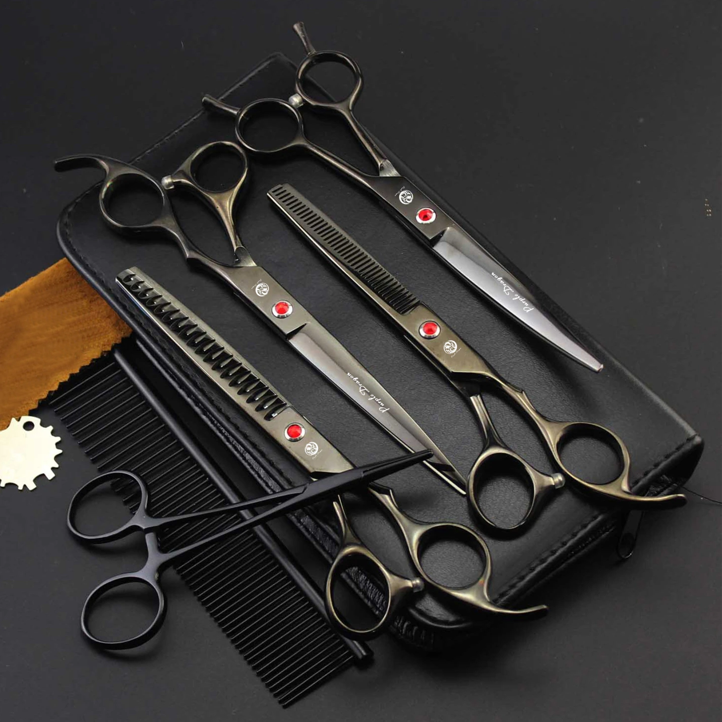 Profissional Dragão Roxo Dog Grooming Scissors, Japão inoxidável Chunker, Pet Thinning Scissors, Tesoura Curvada, Pente Z3002