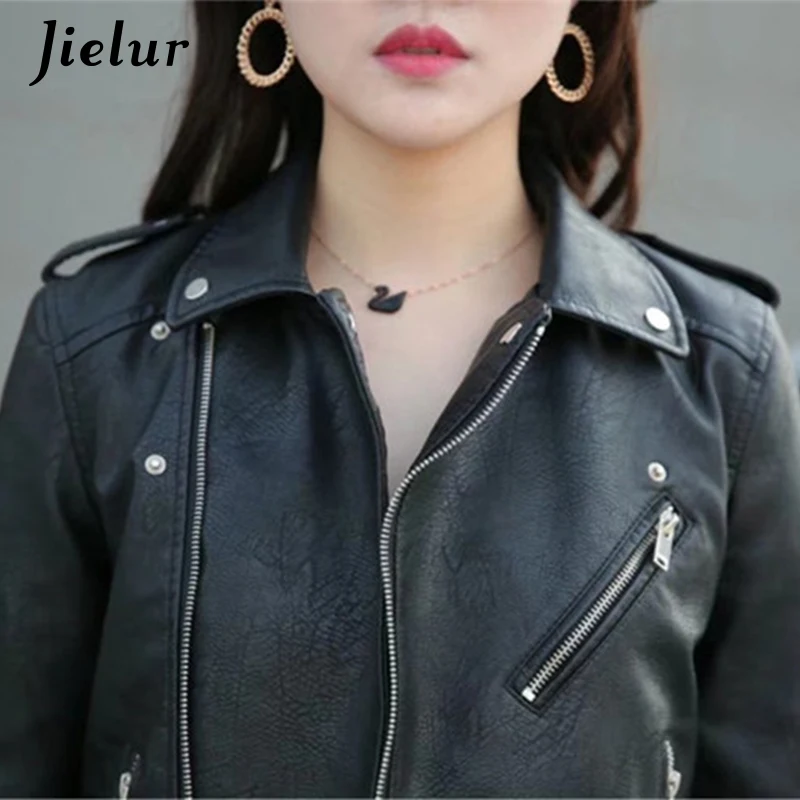 Jielur-chaqueta de cuero con cremallera para Mujer, abrigo corto ajustado coreano, ropa de cuero PU Kpop, abrigo negro, novedad de S-XL, otoño e invierno, 2021