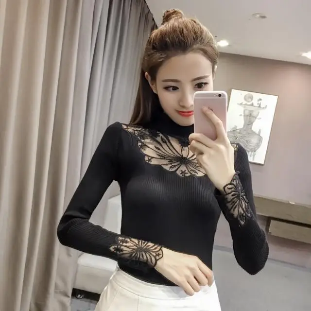 Autumn Winter Sexy Hollow Jeweled Knitted Sweater Women's Pullover Elastic Mesh Embroidered Lace Bottoming Shirt for Women