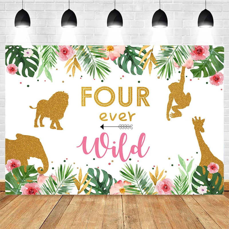 

Mocsicka Tropical Jungle Photography Background Wild Animals Golden Decoration Props Newborn Baby Shower Photo Backdrop Banner