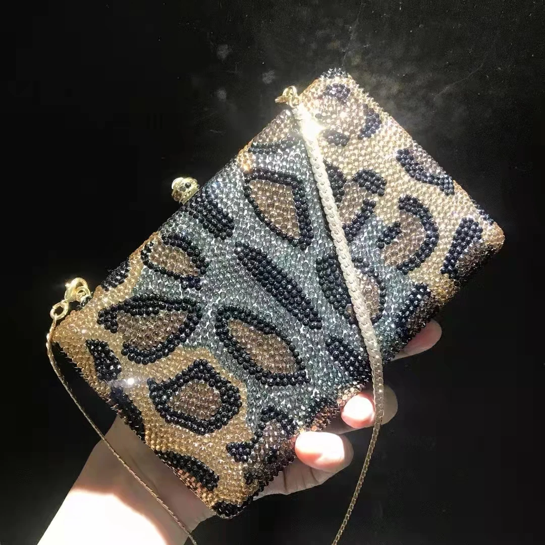 Women Leopard Stones Evening Bags Bridal Crystal Clutches Bags Wedding Gala Dinner Rhinestone Minaudiere Bag Purses and Handbags