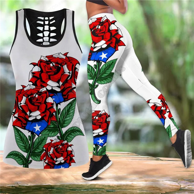 

Puerto Rico Maga Flower Lover Combo Outfit Leggings and Hollow out Tank Top Suit Yoga Fitness Soft Legging Summer Women For Girl