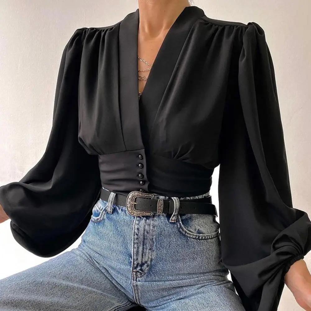 Vintage Shirt for Women Long Sleeve Top Retro Lantern Sleeve Blouse Women Waist Tight Shirts blusa feminina рубашка женская