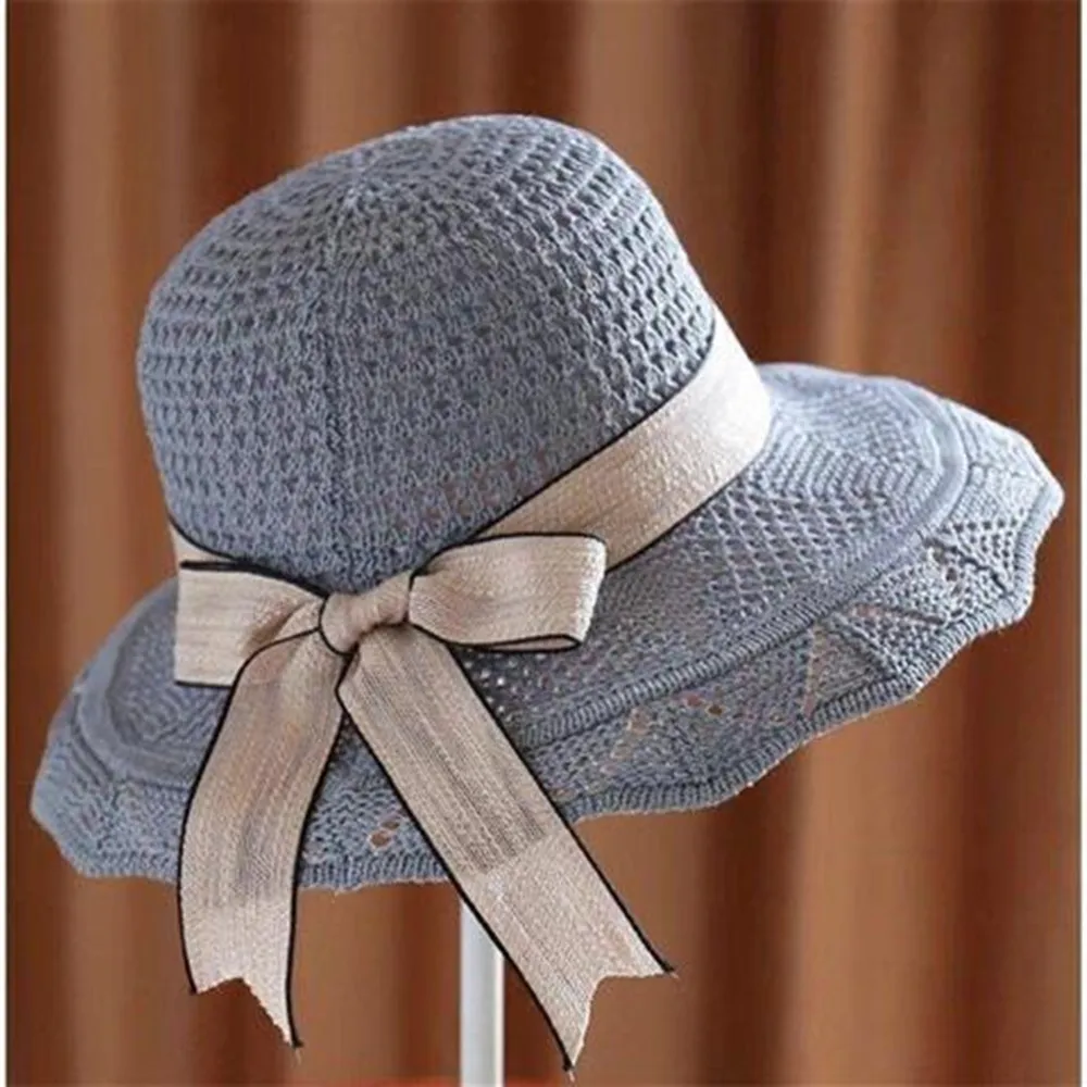 Spring and summer women's sun protection sun hat Korean cotton knit hat hollow ribbon basin hat foldable beach hat