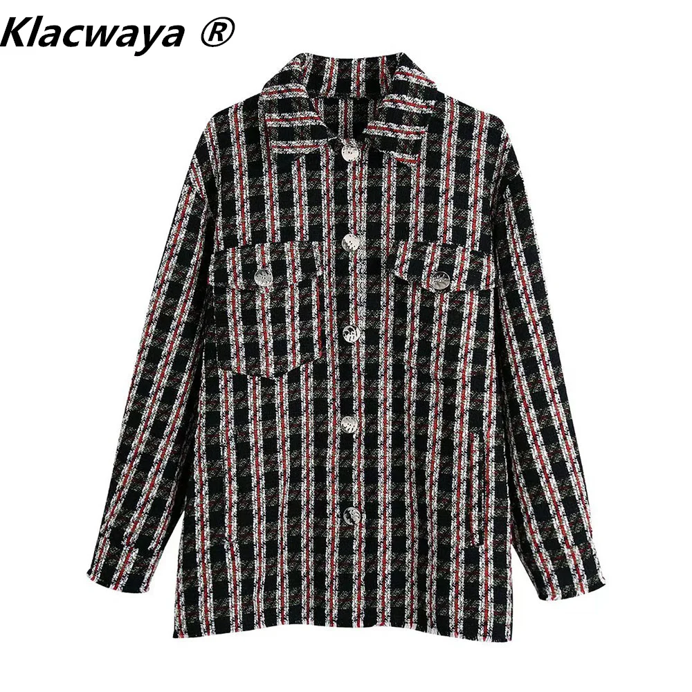 Klacwaya Women Tweed  Jacket For Women 2021 Autumn Plaid Shirt Vintage Clothes Jacket Shirts ​Pockets Casual Women Coa