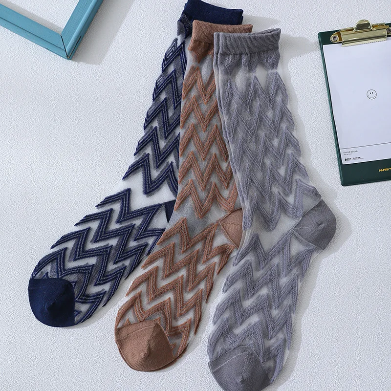 Retro Jacquard Ultra-dünne Kristall Seide Socken Frauen Sommer Japanische Mode Welle Muster Kurze Transparent Socken Skarpetki Sokken