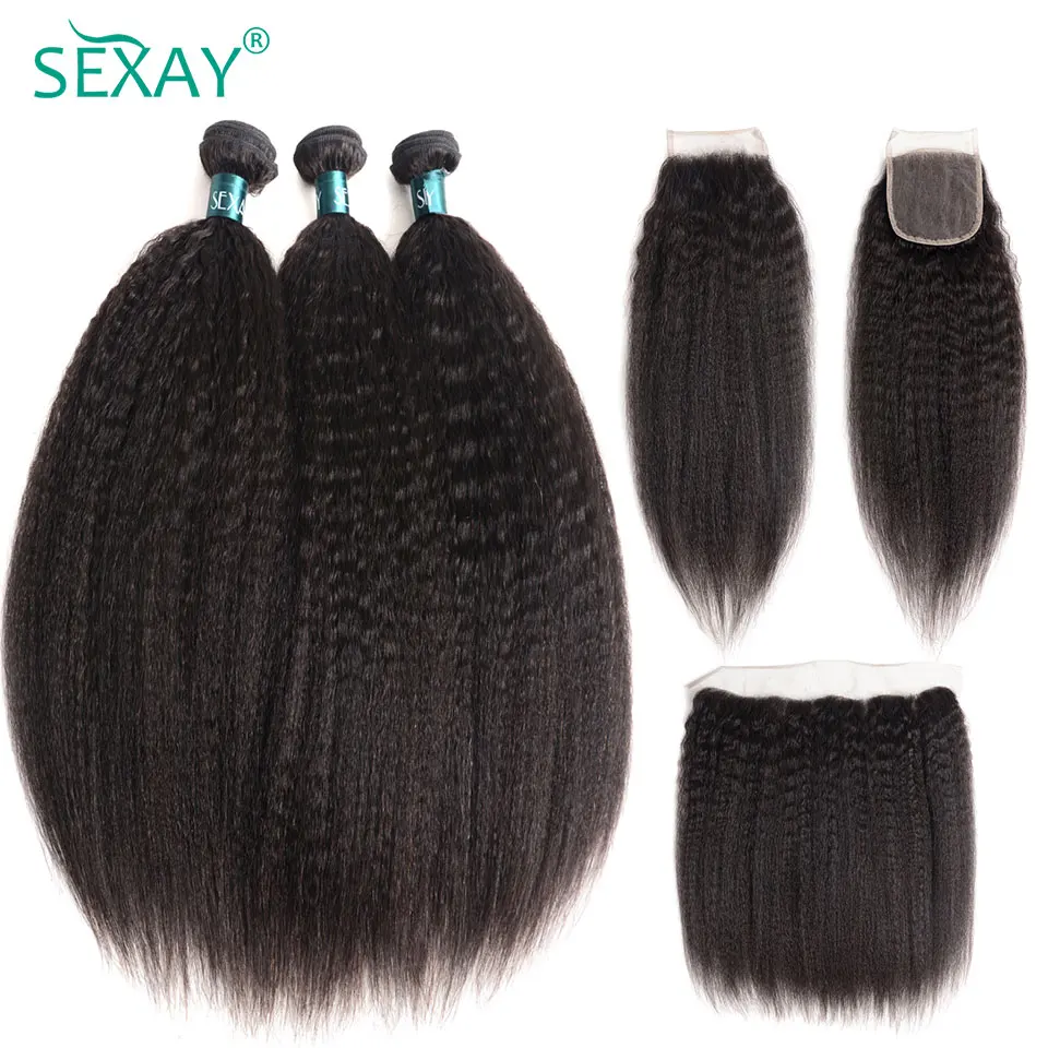 Kinky Straight Bundles With Closure Free Part Brazilian Coarse Yaki Human Hair Weave Bundles With HD Transparent Lace Frontal