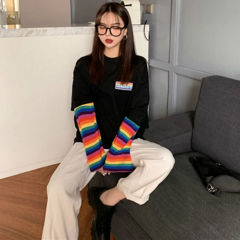 Long Sleeve Shirts Women Rainbow Striped Patch Designs Long-style Korean Leisure Hip-hop Fashion Female T-shirt Teens Preppy New