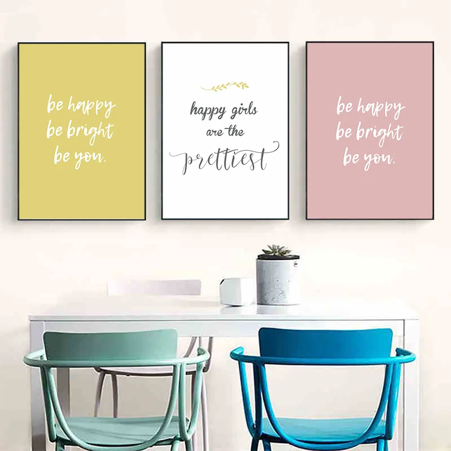 Yellow Red Color Quote Poster Print Canvas Painting Be Happy Be Bright Love Quote Wall Art Picture Kid Nursery Room