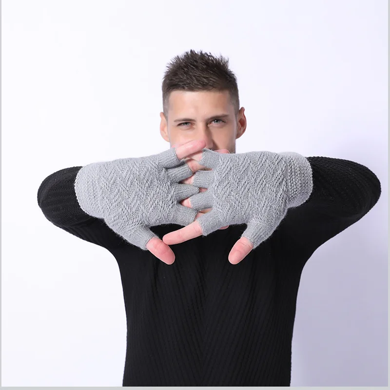 Fashion Winter Acrylic Wool Plus Plush Thick Jacquard Knit Warm Half Finger Mittens Men Full Finger Touch Screen Gloves C2
