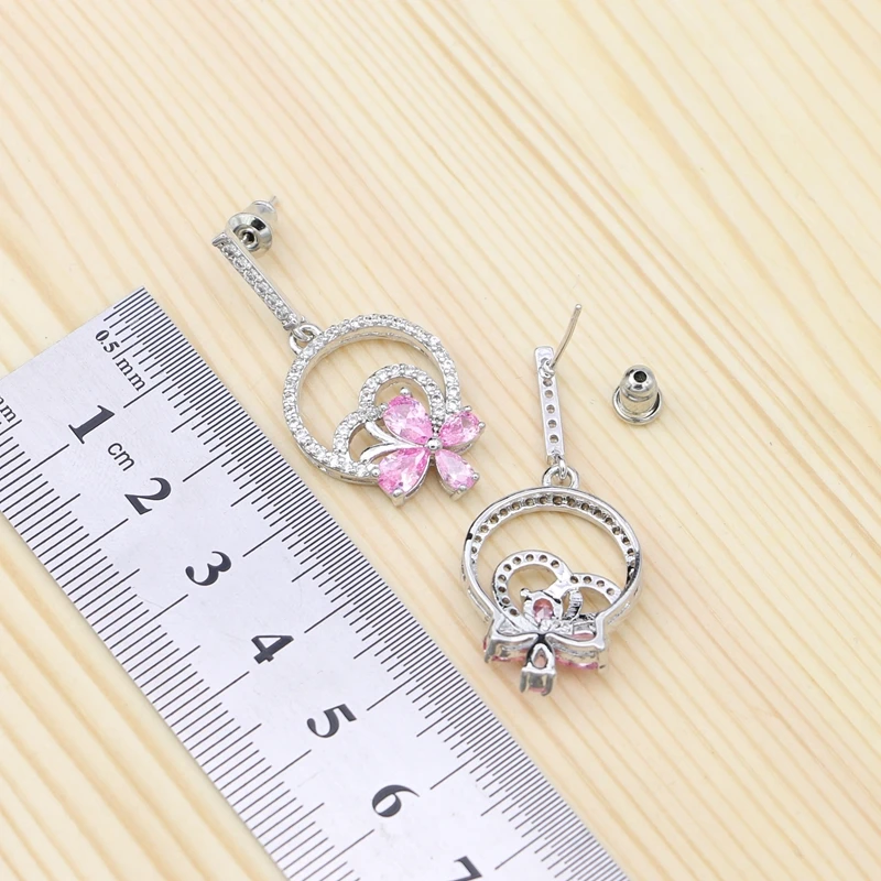 Flower Jewelry Sets For Bride Pink Cubic Zirconia White Crystal 925 Silver Ring Bracelet Necklace Pendant Earrings Sets