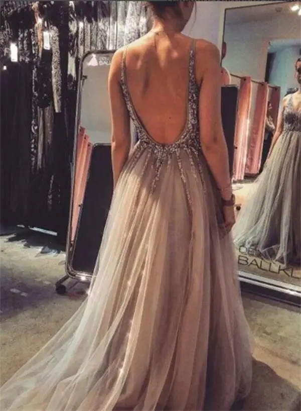 Deep V คอชุดราตรียาว2022 A-Line Sequins ลูกปัด Tulle Backless ชั้นความยาวชุดราตรี Gowns คุณภาพสูง